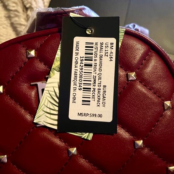 Badgley Mischka Mini Backpack Burgundy Studded Quilted New With Tags - Picture 6 of 8